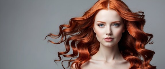 Fototapeta premium Beauty redhead girl with long and shiny wavy red hair . Beautiful woman model with curly hairstyle .
