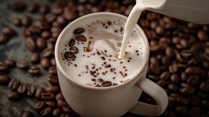 op view of milk being poured into a coffee-filled white mug, surrounded by coffee beans