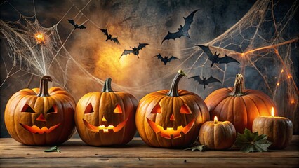 A spooky Halloween scene featuring carved pumpkins, bats, and spider webs