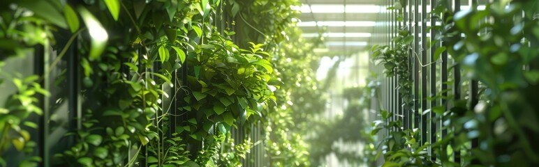 Naklejka premium Lush Green Vines Climbing a Metal Fence with Sunlight Filtering Through