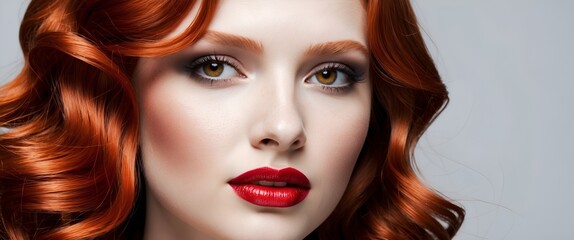 Fototapeta premium Beauty redhead girl with long and shiny wavy red hair . Beautiful woman model with curly hairstyle .