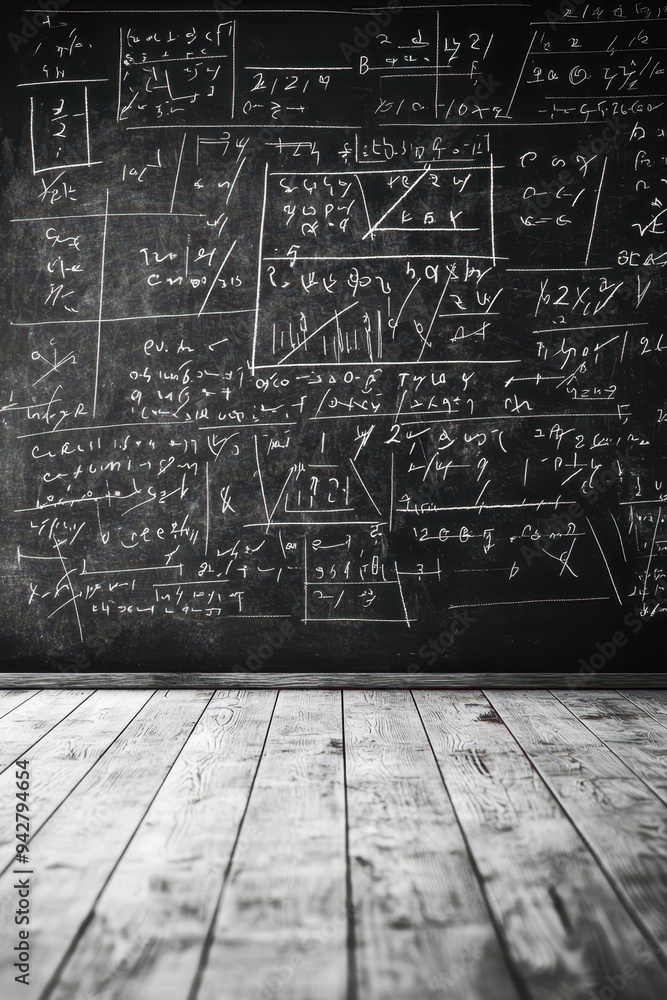 Poster chalkboard full of mathematical equations and formulas