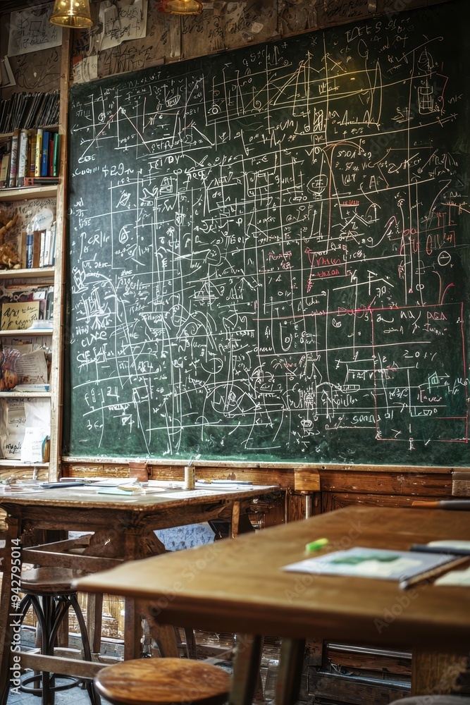 Poster chalkboard of complex mathematical equations and formulas in a vintage classroom