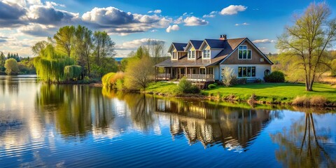 Obraz premium Tranquil springtime waterfront house with stunning river views in rural setting