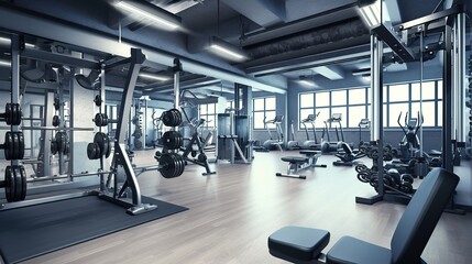 Modern gym room fitness center with equipment and machines. Up to date sport hall.