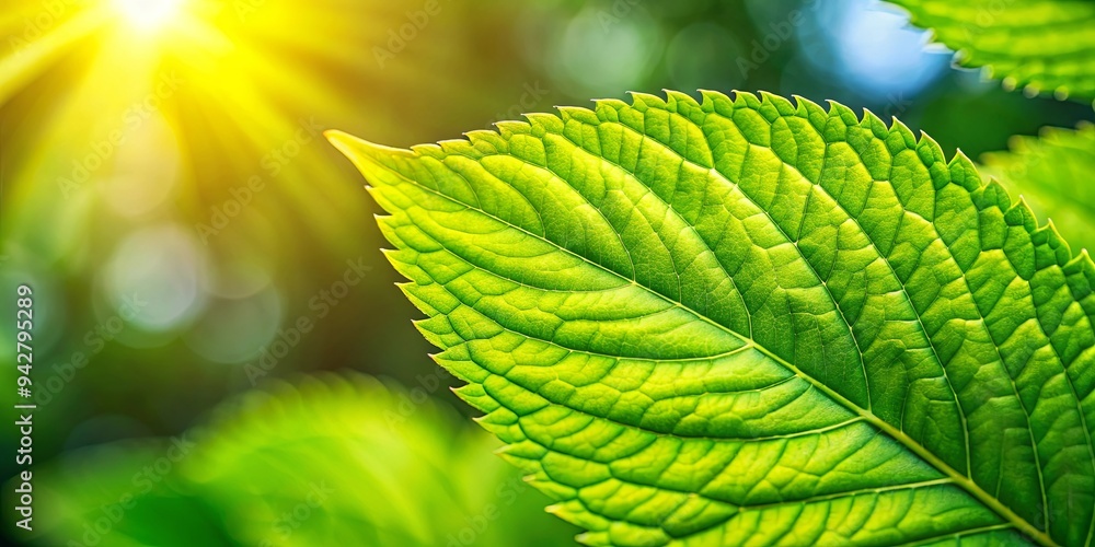 Poster Close-up of vibrant green leaf in a sunlit garden, perfect for summer wallpaper