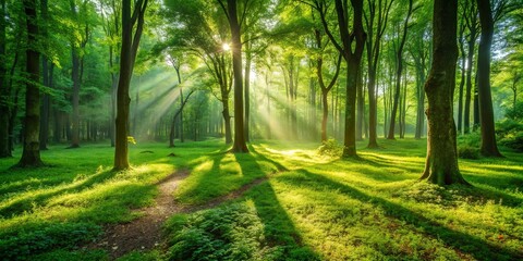Sunlight streaming through lush green forest trees casting dappled shadows on the ground