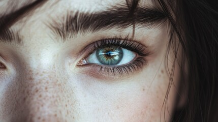 Close-up of a woman's green eye with freckles and long lashes