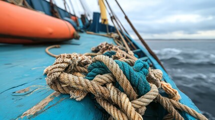 Fototapeta premium Close-up of intertwined ropes on a boat deck, showcasing texture and detail against a cloudy sea background.