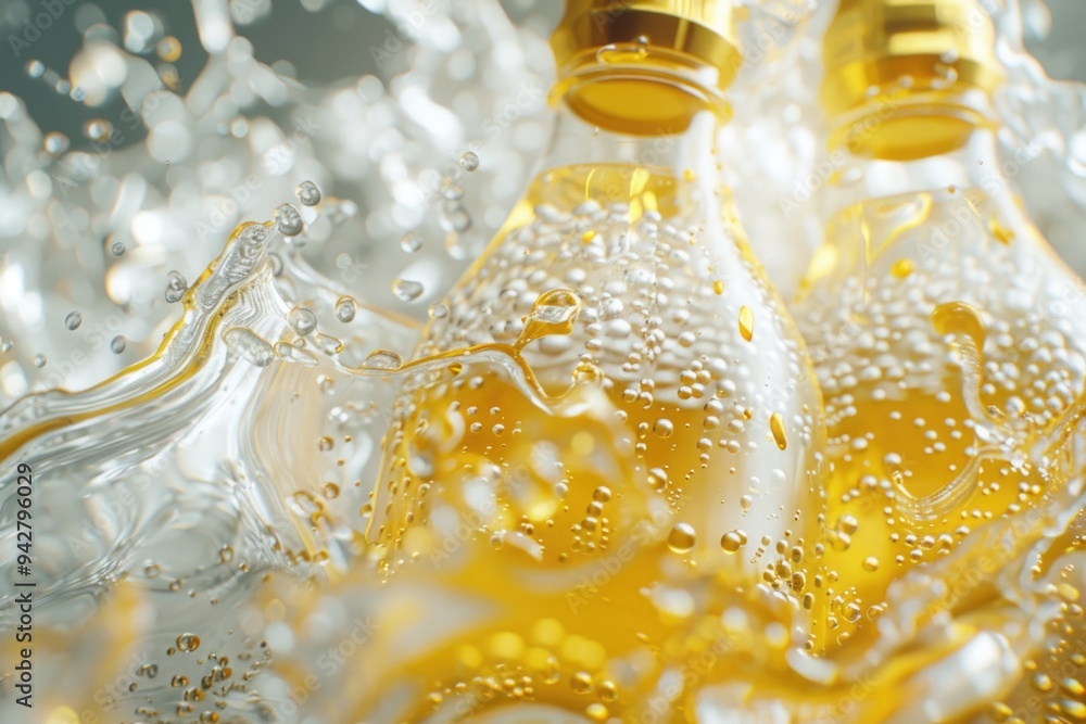 Poster A close-up shot of a bottle of beer with visible bubbles, perfect for advertising or editorial use