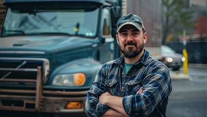 Fototapeta premium Man in Blue Flannel Shirt Standing in Front of a Truck