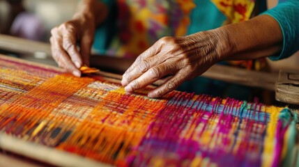 A skilled artisan expertly works on a colorful textile, weaving vibrant threads into a beautiful pattern in a sunlit rural workshop