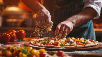 Chef Dusting Flour Over a Vegetable Pizza