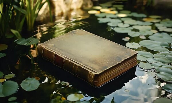 An old book floating in a tranquil pond in a bota.