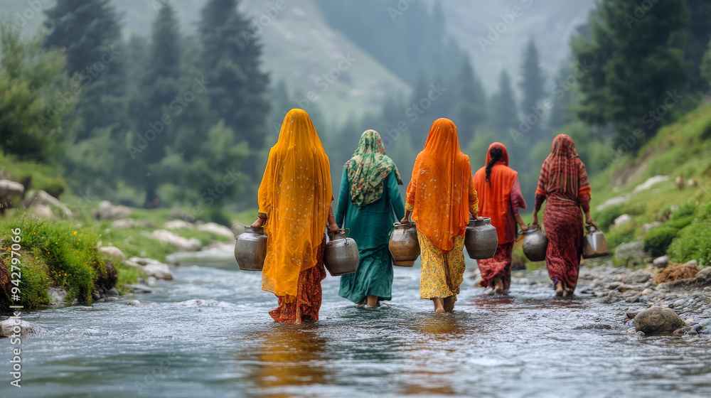 Wall mural Five women wearing colorful traditional clothing are walking in a mountain river carrying water jugs