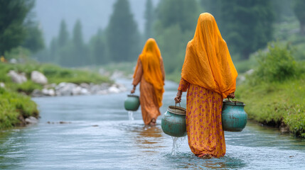 Two women wearing colorful traditional clothing are wading through a river carrying metal jugs of water