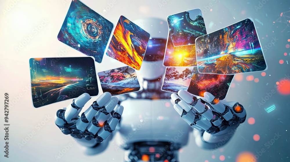 Poster a humanoid robot holding multiple screens showcasing colorful abstract designs.