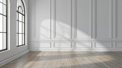 Fototapeta premium A spacious, empty room with white walls and paneled molding, sunlight streams in through two arched windows, creating a bright and airy atmosphere.