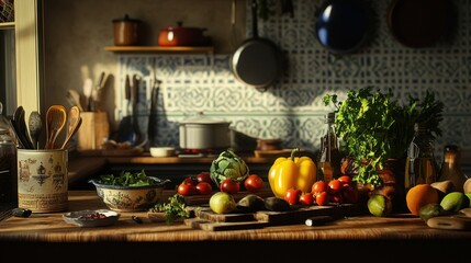 Fototapeta premium A Kitchen Countertop with Fresh Produce and Kitchen Utensils