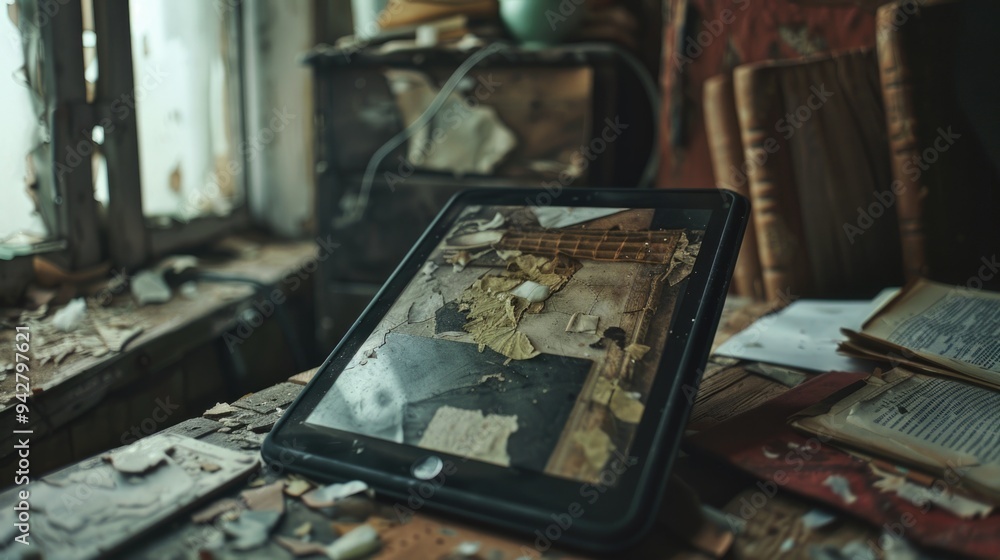 Poster a laptop computer placed on a wooden table, ready for use