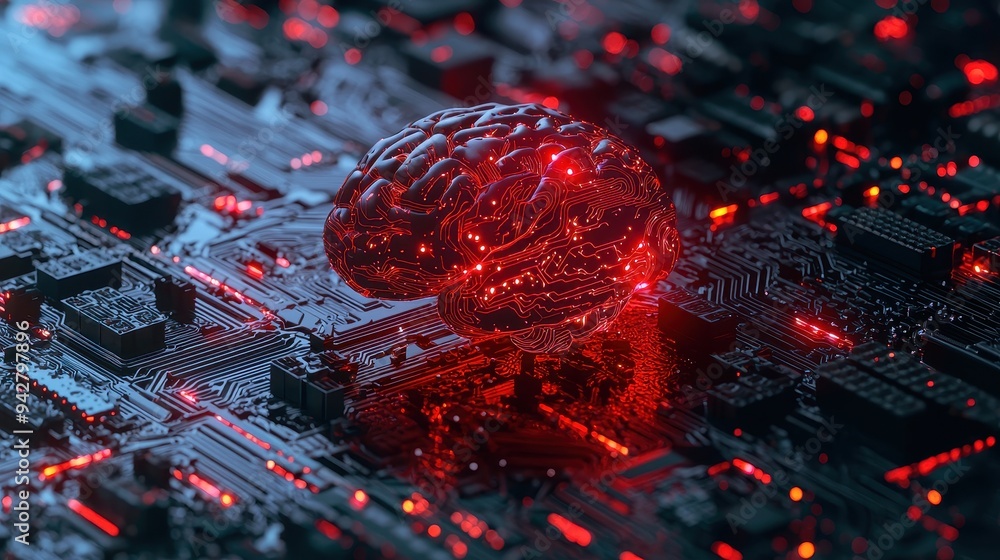 Poster futuristic brain on circuitry - artificial intelligence concept