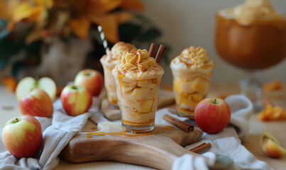 Apple coffee drink. Apple spices latte drink. Autumn drink with cinnamon and anise. Space for text. Copy space.