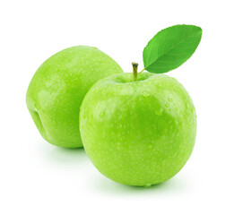 Isolated green apple with water drops (white background). Fresh diet fruit. Healthy fruit with vitamins.