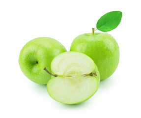 Isolated green apples with water drops and half (white background). Fresh diet fruit. Healthy fruit with vitamins.Clipping path