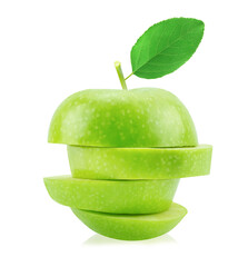 Isolated green apple slices with leaf (white background). Fresh diet fruit.