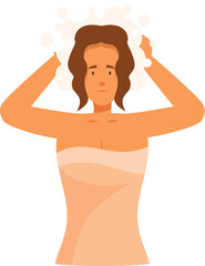 Fototapeta premium Woman is taking a shower and washing hair with shampoo, everyday routine, body care concept