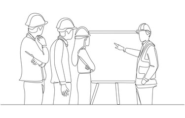 Continuous one line drawing of young engineer reporting construction project progress to project management team, construction business concept, single line art.