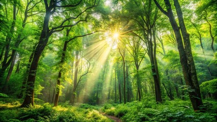 Obraz premium Lush green forest with sunlight streaming through the canopy, showcasing the beauty of nature and wilderness