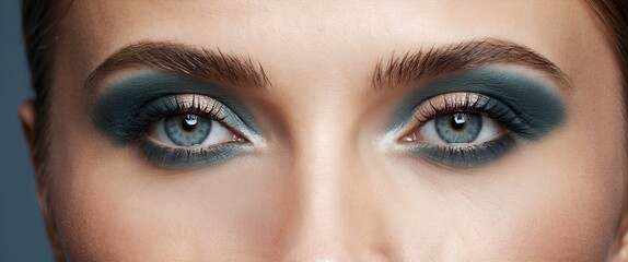 Elegance close-up of beautiful female eye with marine colors eyeshadow. Macro shot of beautiful woman's face part with makeup. Cosmetics, beauty and make-up