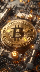 Fototapeta premium Bitcoin icon surrounded by layers of encryption algorithms, symbolizing robust online security, [Bitcoin], [algorithmic security].