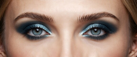 Naklejka premium Elegance close-up of beautiful female eye with marine colors eyeshadow. Macro shot of beautiful woman's face part with makeup. Cosmetics, beauty and make-up