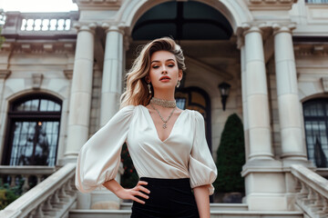 Portrait of fashionable lady in a silk blouse and pencil skirt, adorned with statement jewelry, posing in front of a grand mansion, exuding power and elegance.