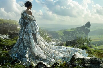 Woman in elaborate, reflective dress standing in a scenic, hilly landscape under a partly cloudy sky, looking towards distant rocky formation.