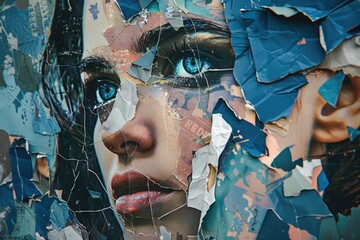 A close-up image of a woman's face with torn paper fragments stuck to her skin