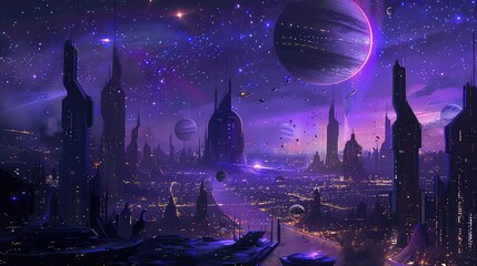 A futuristic cityscape with tall skyscrapers, a bright starry sky, and a large planet in the distance.