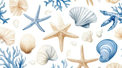 Watercolor Seamless Pattern of Seashells, Starfish, and Coral