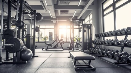 Modern light gym. Sports equipment in gym. Barbells of different weight on rack. 