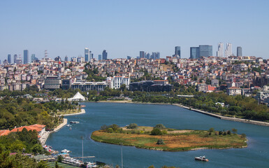 Fototapeta premium Beautiful panoramic view of Istanbul city and Marmara sea from the shores of Princes' Islands on a sunny summer day and copy space