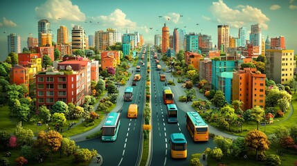Naklejka premium Eco-friendly public transportation with electric buses and bike lanes