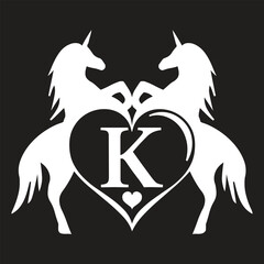 Elegant Unicorn white Monogram Logo with Heart and Letter 'K' – Vector Silhouette Design, t shirt Design svg
