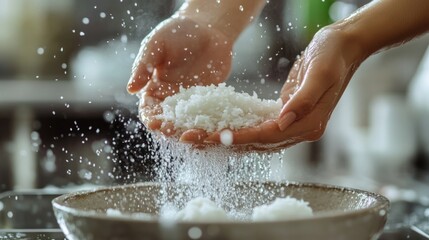 Fototapeta premium Cook is rinsing rice in the kitchen sink to prepare a nutritious meal