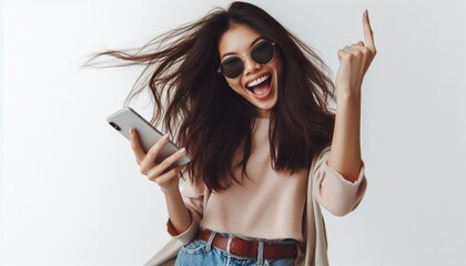 Enthusiastic asian girl in sunglasses, holding smartphone, celebrating and dancing, laughing happy with mobile phone, standing over white background. Brown color theme.