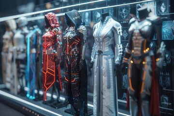 A futuristic display of high-tech superhero costumes in various styles and colors, featuring intricate designs and advanced materials.