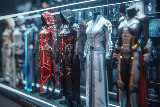 A futuristic display of high-tech superhero costumes in various styles and colors, featuring intricate designs and advanced materials.