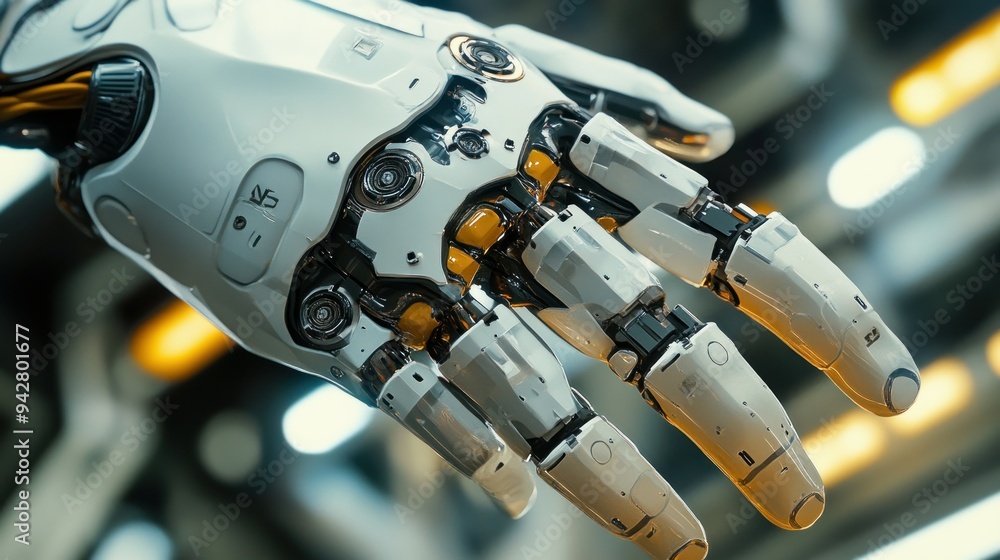 Poster close-up of a metallic robot hand with yellow and black components