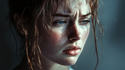 Close-up Portrait of a Young Woman with Wet Hair and a Serious Expression